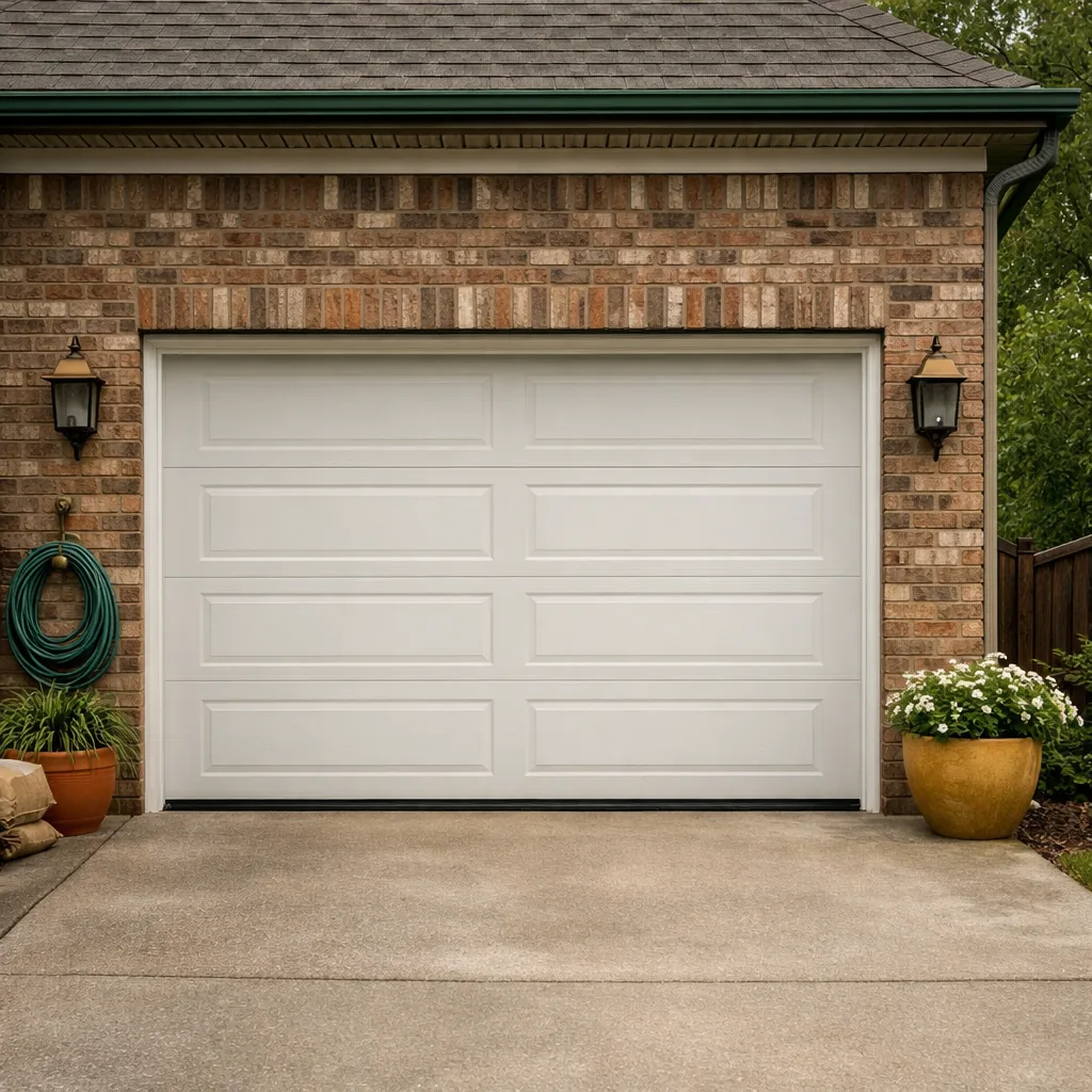 Repaired residential garage door fully closed and straight on a brick home in a Middle Tennessee neighborhood