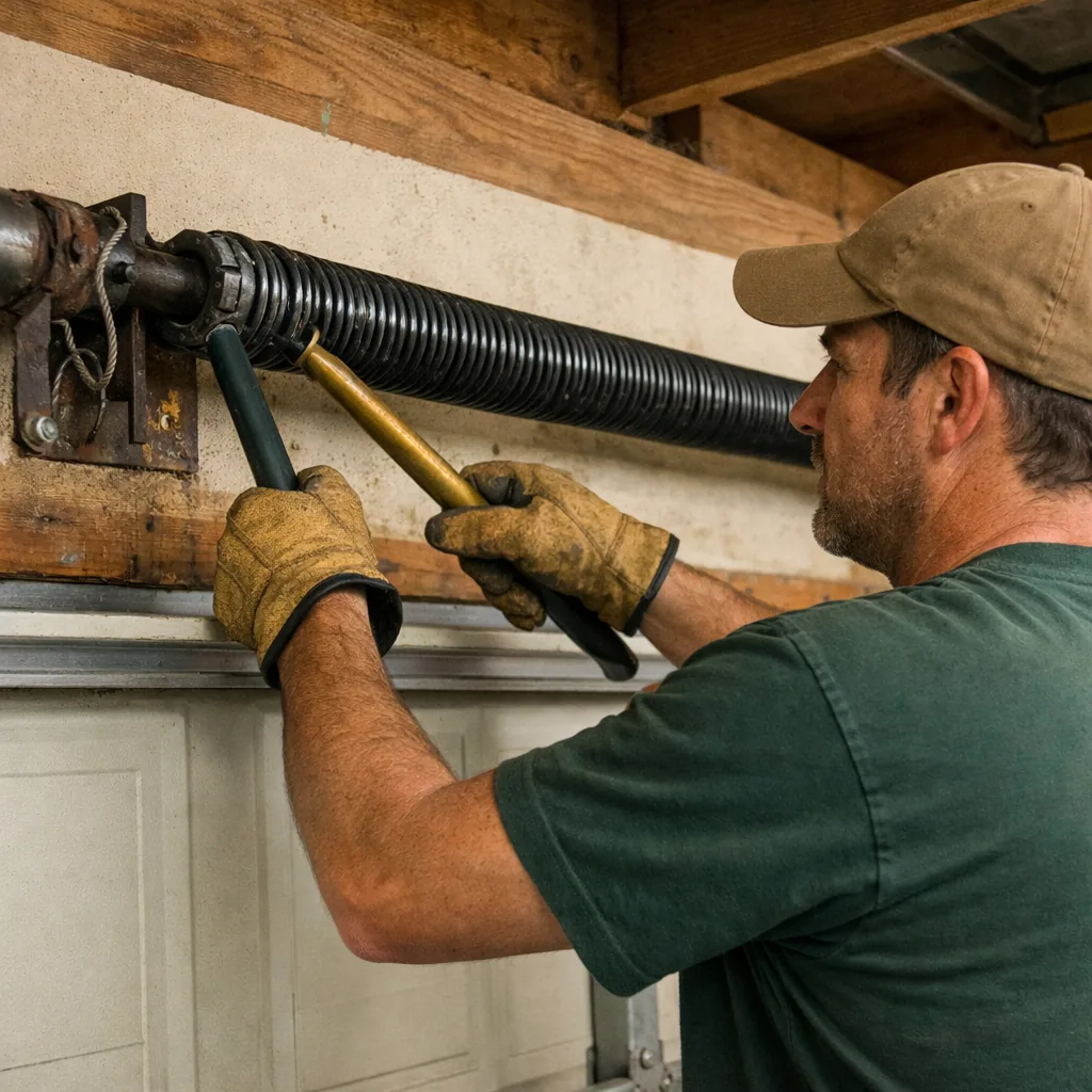 Technician replacing a torsion spring on a residential garage door with winding bars