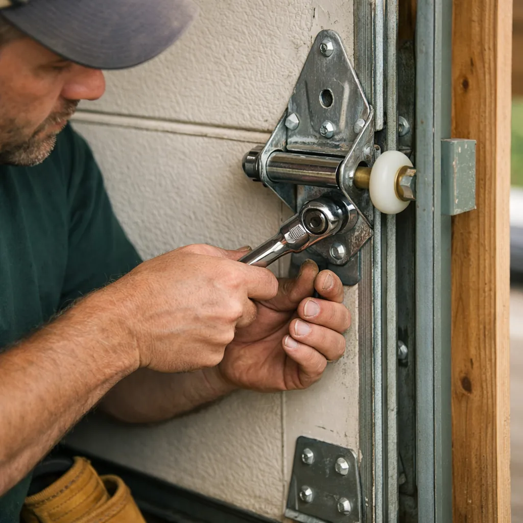 Technician in plain workwear tightening hardware on the track and rollers of a residential garage door, close view of the hinge, roller and vertical track
