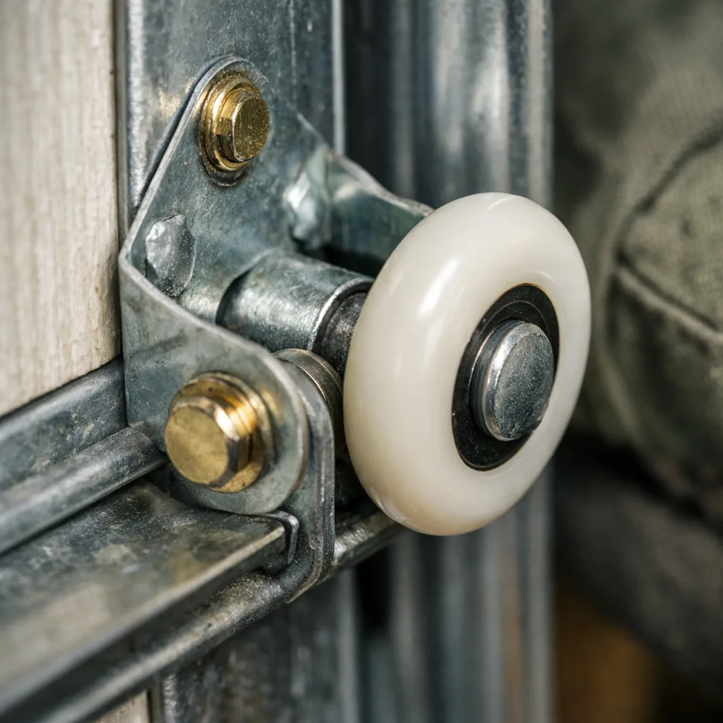 Close-up of new nylon rollers and tight hinges seated in a garage door track