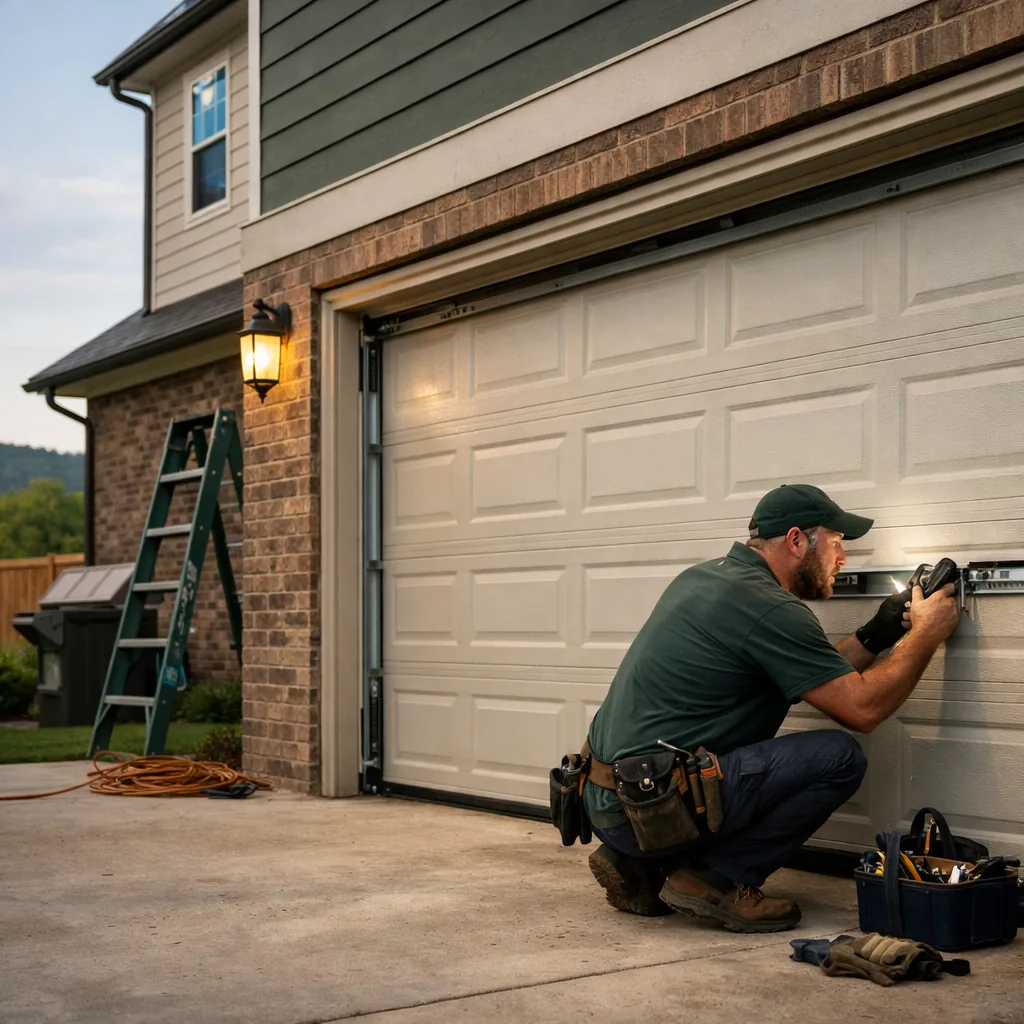 Technician in plain workwear inspecting the rollers and track of a closed garage door on a newer two-story family house