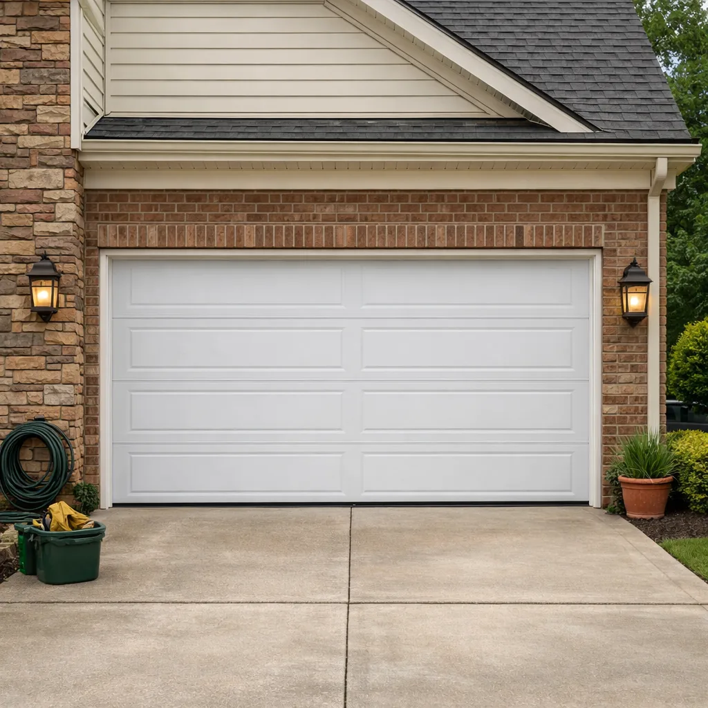 Repaired garage door closed evenly on a newer two-story family house, panels level with no gaps along the sides
