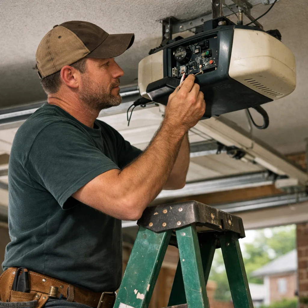 Technician in plain workwear on a stepladder testing a garage door opener's travel limits