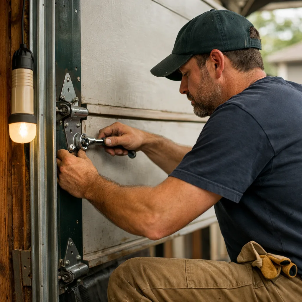 Technician in plain workwear adjusting a sagging garage door panel by tightening hinges in the track