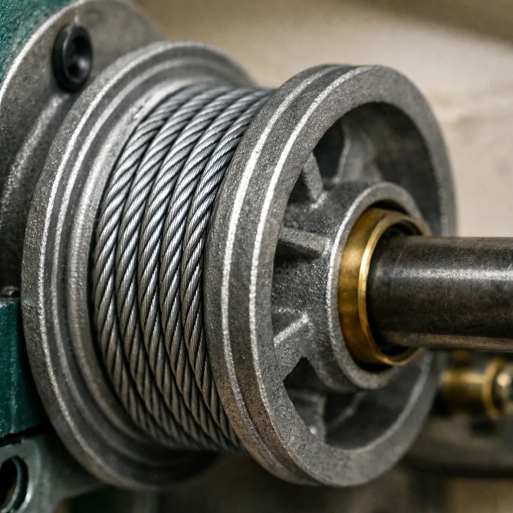 Close-up of a new lift cable seated in a cable drum on a garage door shaft, clean hardware