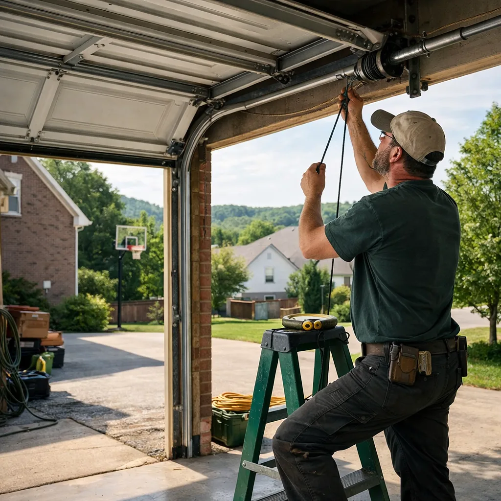 Wide view of a technician in plain workwear checking a lift cable and track on a residential two-car garage door, suburban driveway, bright daylight