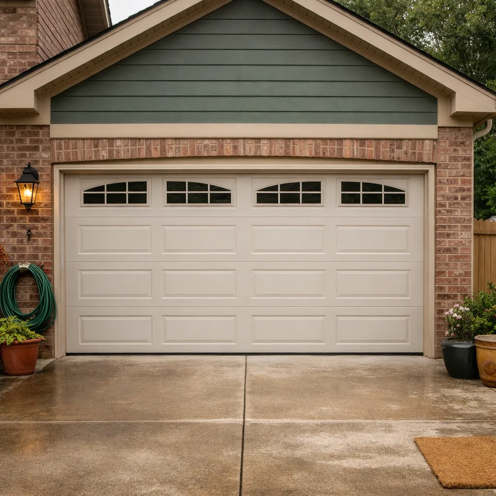 A repaired residential two-car garage door closed and level on a suburban home
