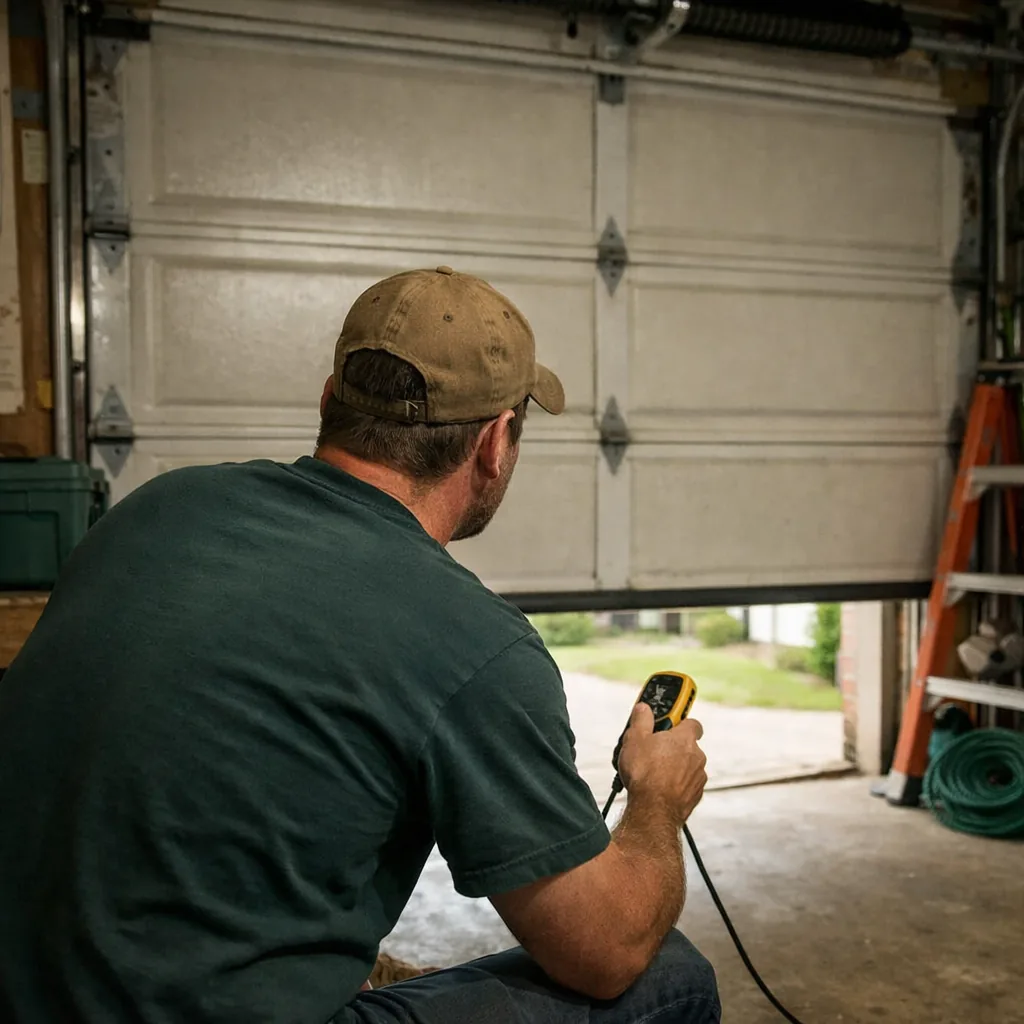 A technician in plain workwear testing a closing residential garage door from inside the garage, seen from behind