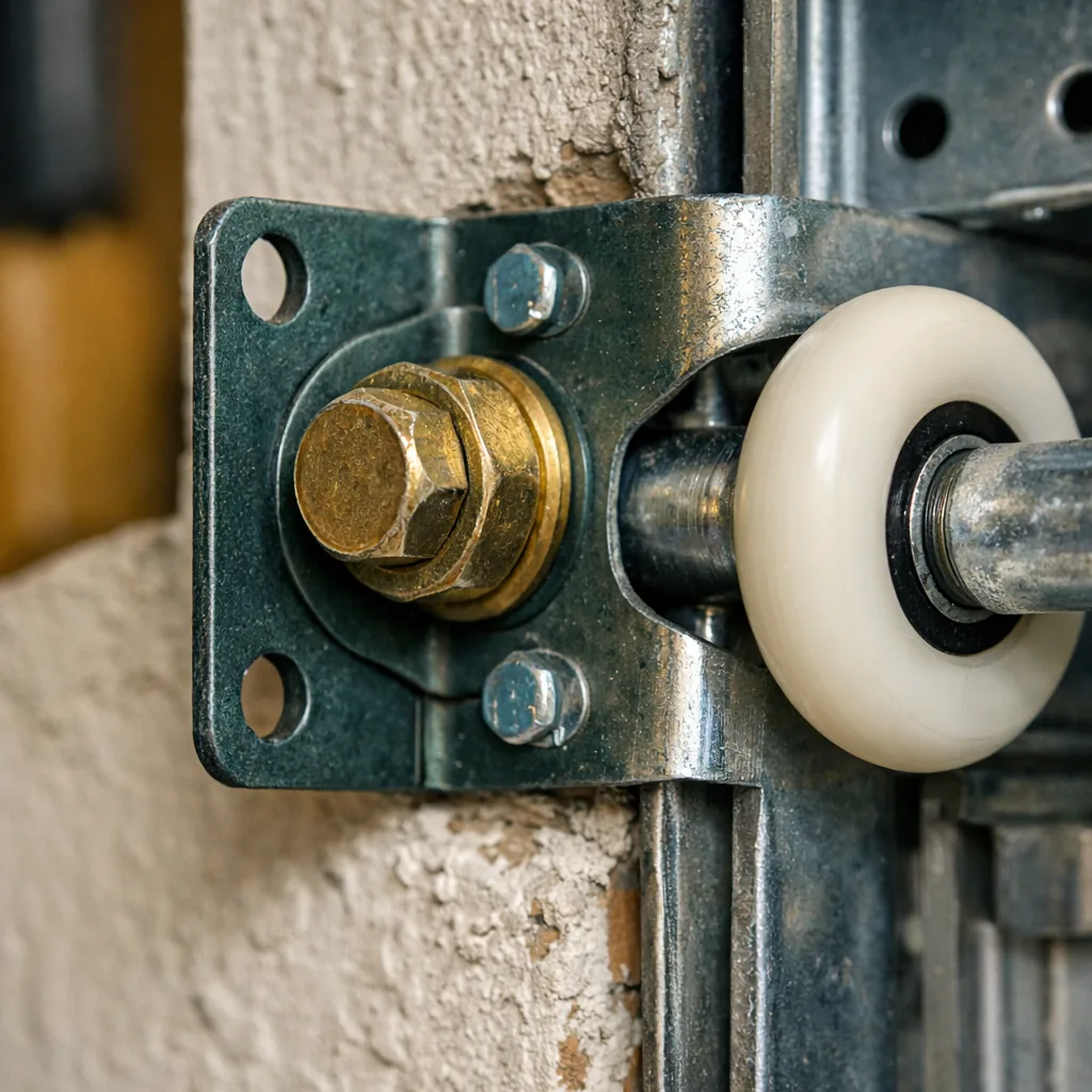 Close-up of a garage door track bracket tightened against the wall with a clean roller in the track