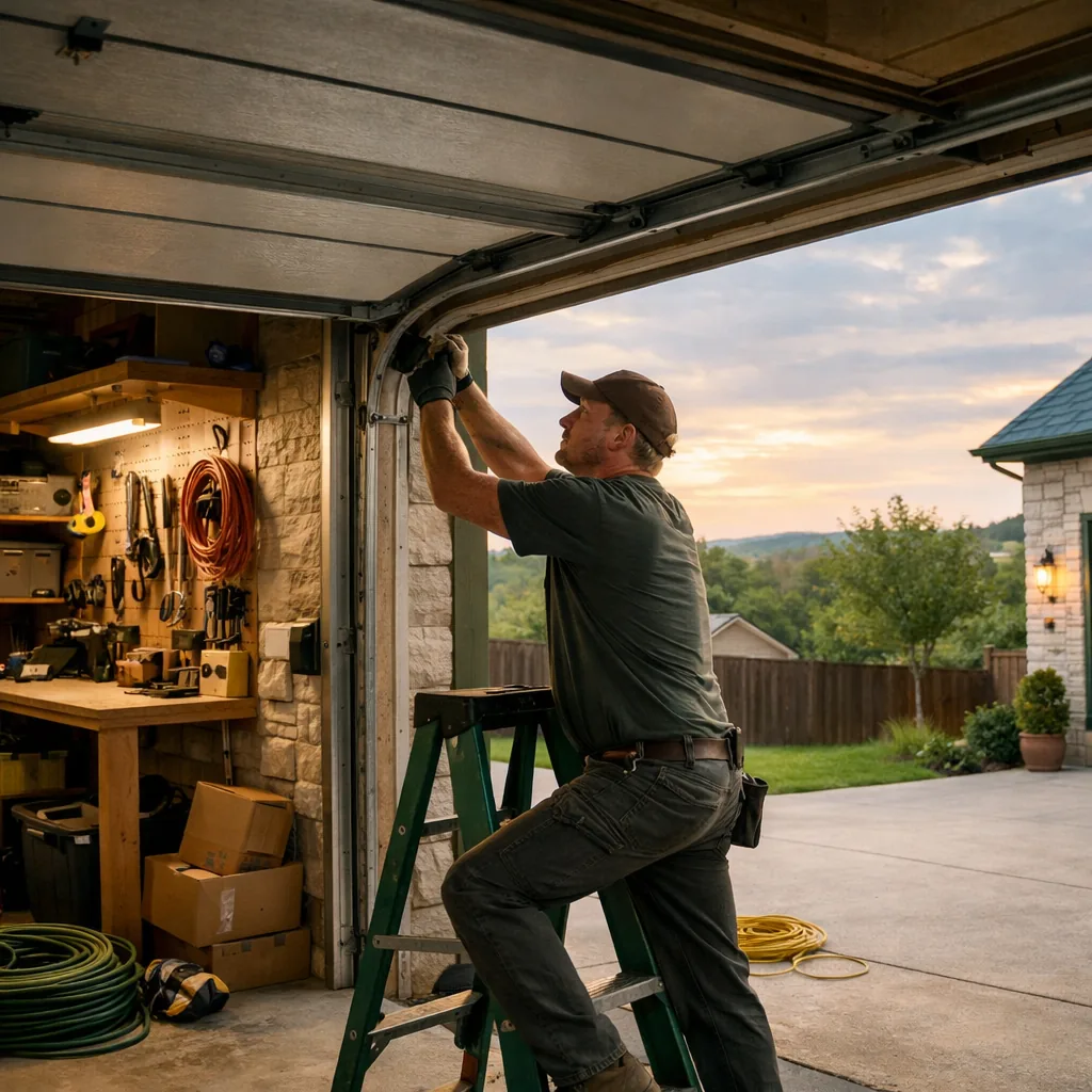 Technician in plain workwear adjusting the track of a two-car garage door on a newer suburban home