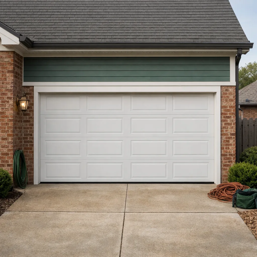 Two-car garage door on a newer suburban home, closed and level with clean trim