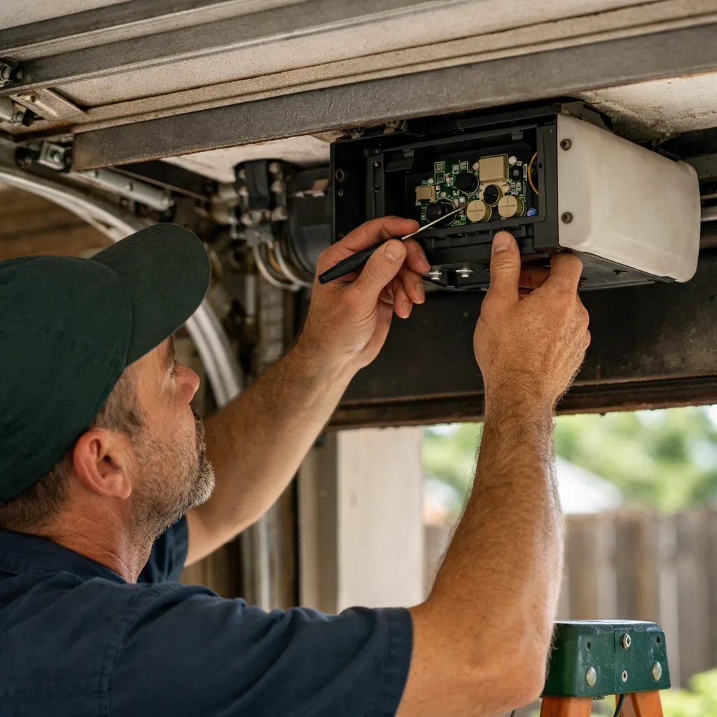 Technician in plain workwear resetting an opener's travel limit while the garage door is partly raised