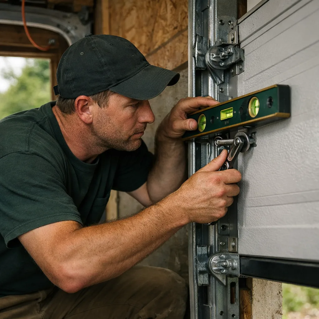 Technician in plain workwear checking track alignment on a newer garage door with a level