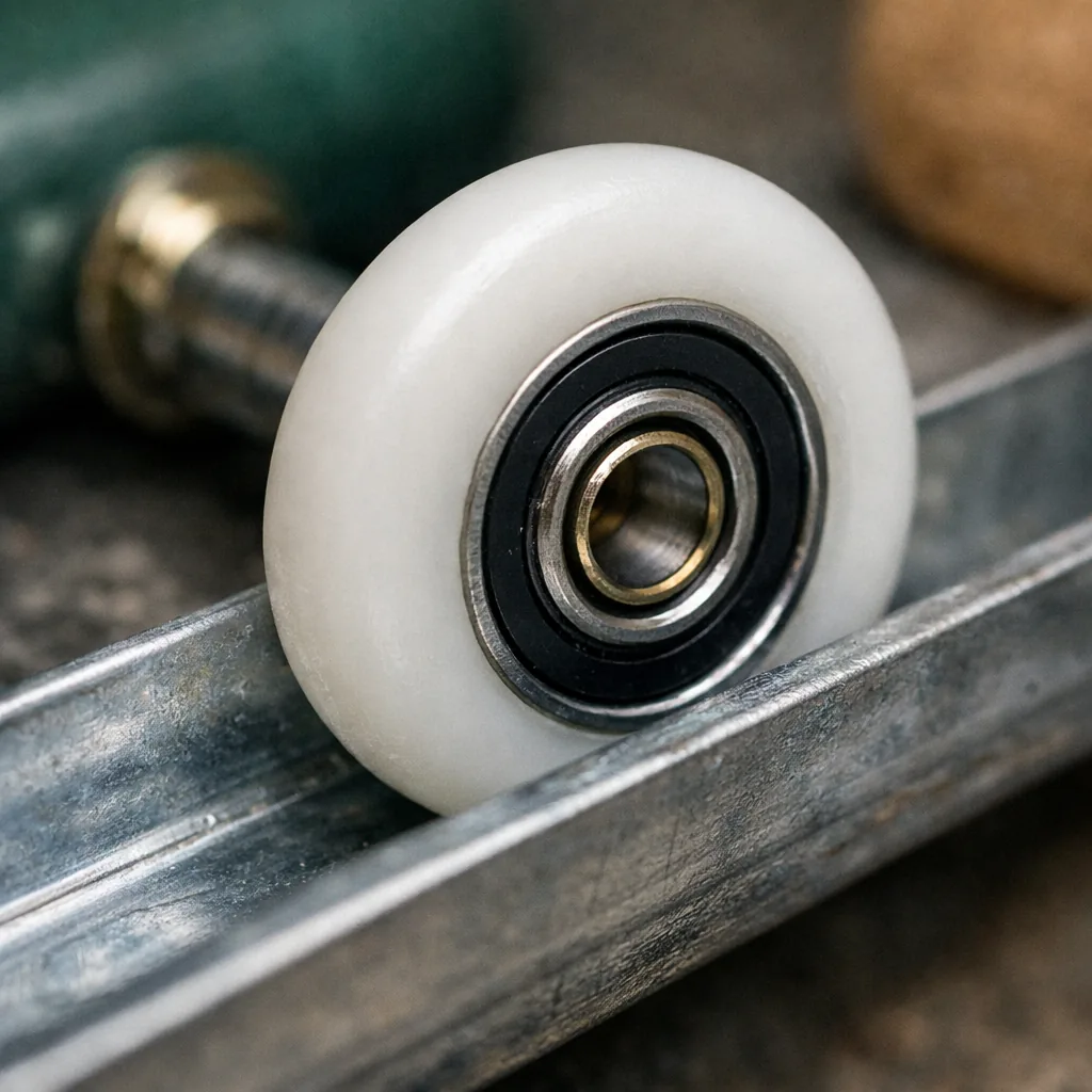 Close-up of a new nylon roller with a sealed ball bearing seated in a clean steel track