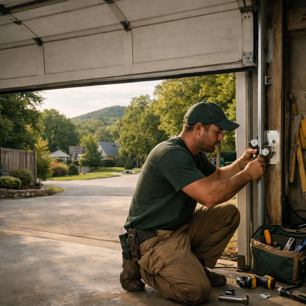 Technician in plain workwear fitting a new roller into a hinge on a residential garage door, with the door and driveway in view