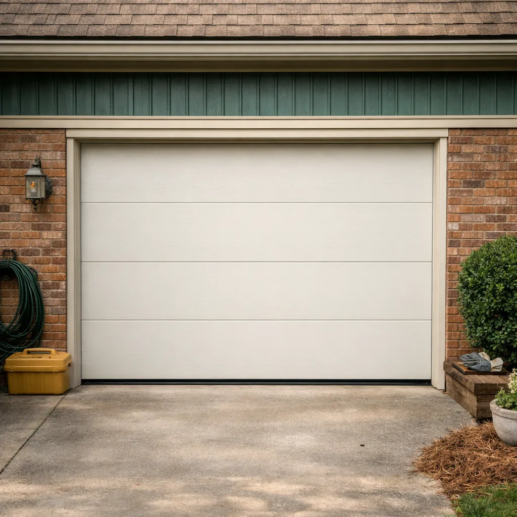 Quiet, repaired residential garage door fully closed and straight on a Nashville home