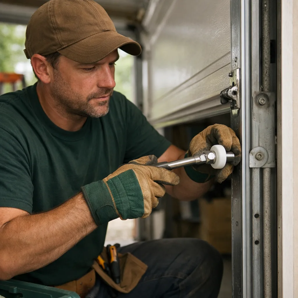 Garage door technician in plain workwear installing fresh white nylon rollers along the side of an open sectional door