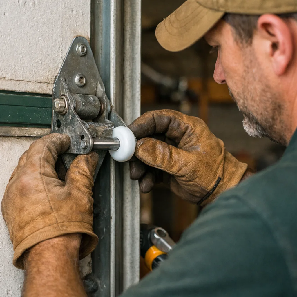 Technician in plain workwear sliding a new nylon roller into a garage door hinge, close working view