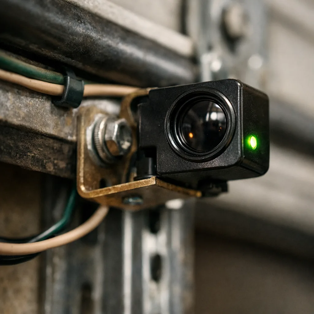 Close-up of a single photo-eye sensor on its bracket with a clean lens and a small green light on, with tidy wiring along the track