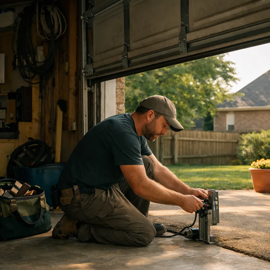 Technician in plain workwear kneeling at the side of a residential garage door opening, adjusting a small photo-eye sensor mounted near the floor on the track bracket