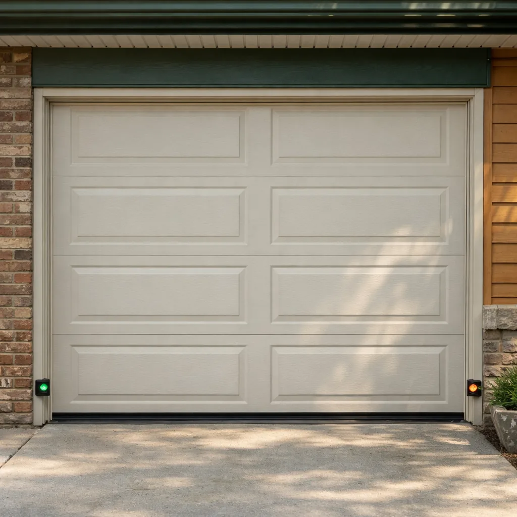 Residential garage door opening with a closed door, neat photo-eye sensors visible at the base on both sides with steady indicator lights, in daylight