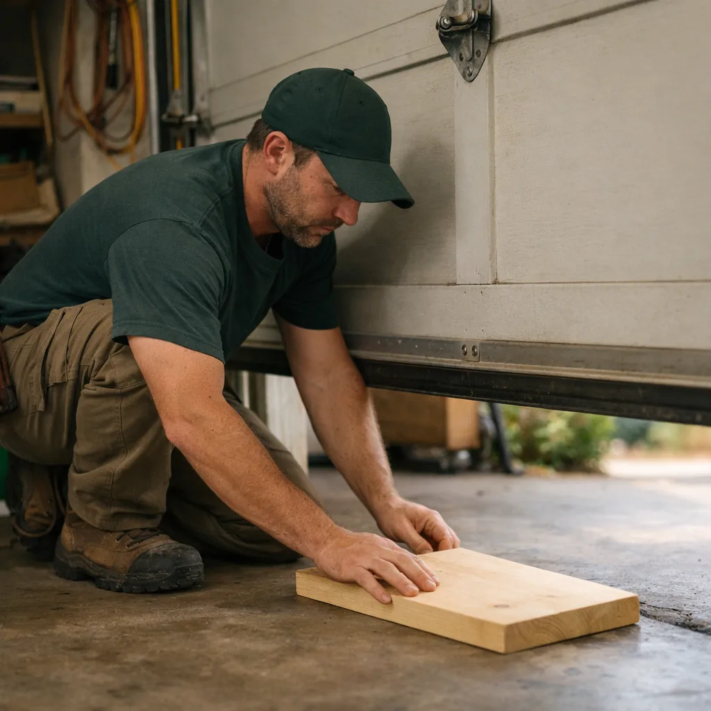 Technician in plain workwear testing a closing garage door by placing a board flat on the floor in its path to check that it reverses