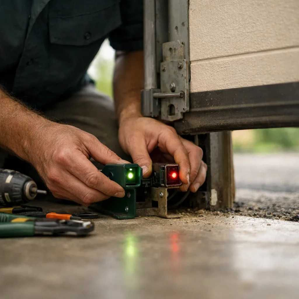 Close view of a technician's hands aligning two small photo-eye sensors on brackets at the base of a garage door opening, one indicator light glowing steadily
