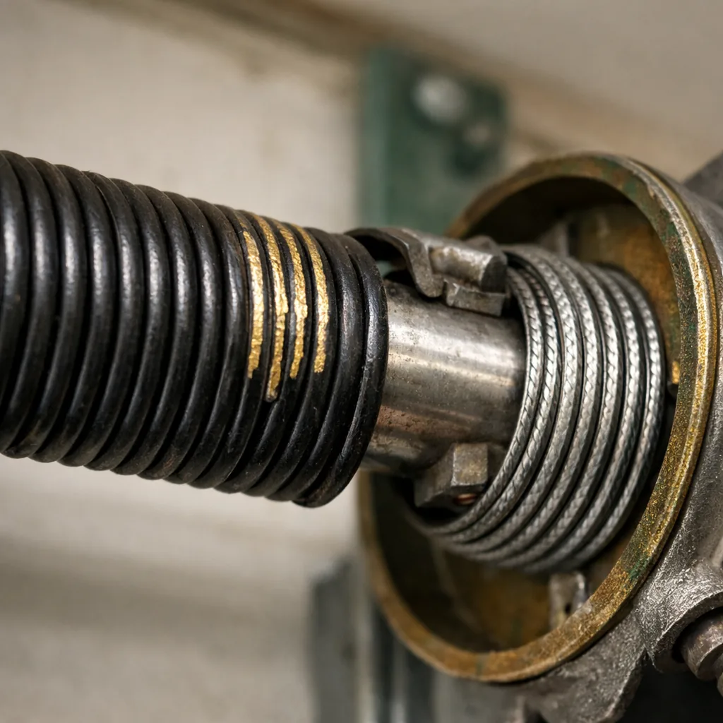 Close-up of a new torsion spring with fresh winding marks on a steel shaft over a garage door, cables wound neatly on the drums
