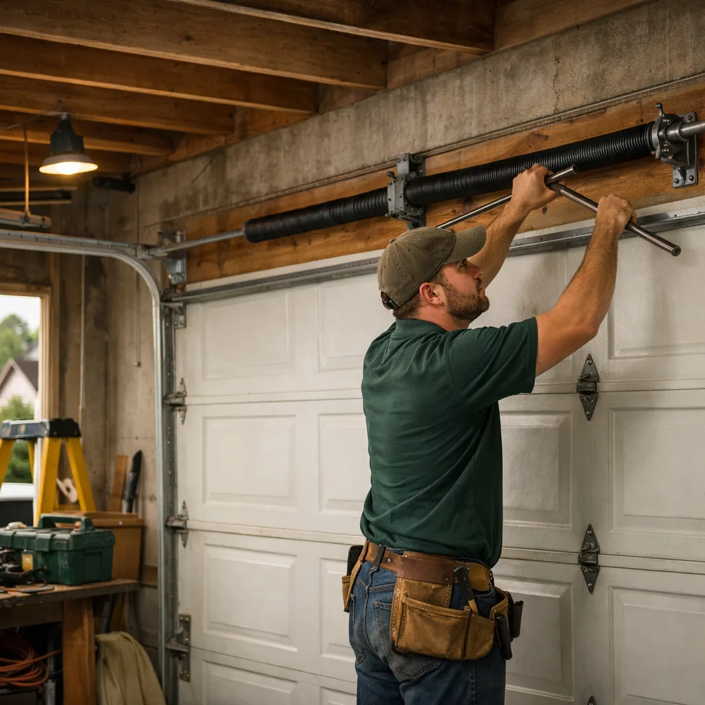 Technician in plain workwear using winding bars to tension a new torsion spring over a closed residential garage door