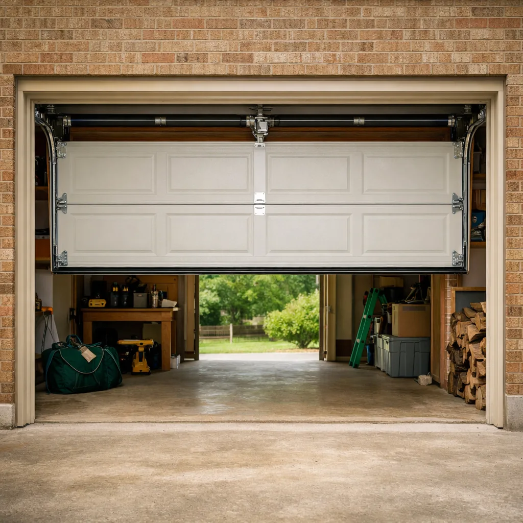 Residential garage door resting halfway up on its tracks, level across the bottom, showing correct balance after a spring replacement