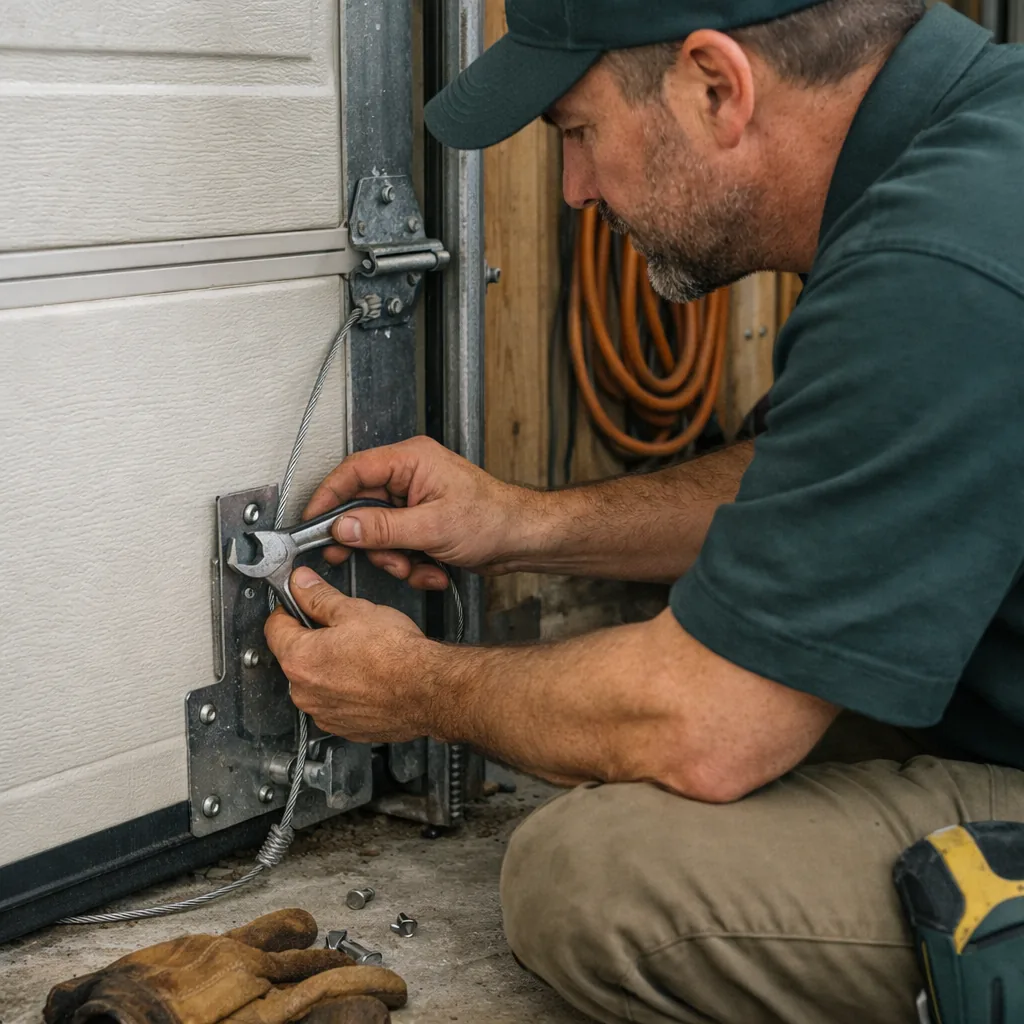 Technician in plain workwear checking cable tension at a bottom bracket on the side of a garage door