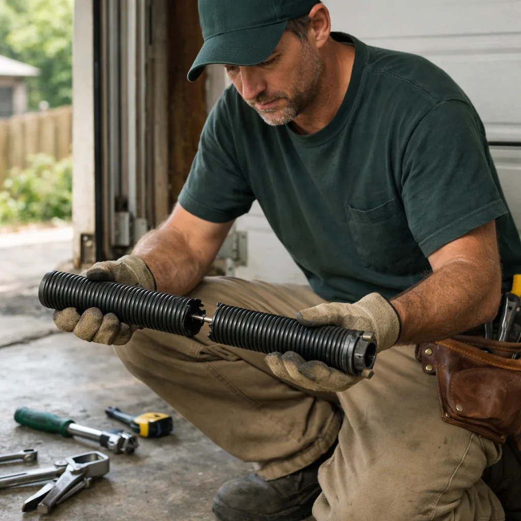 Technician in plain workwear holding a broken torsion spring with a visible gap in the coil, standing beside a garage door on the floor