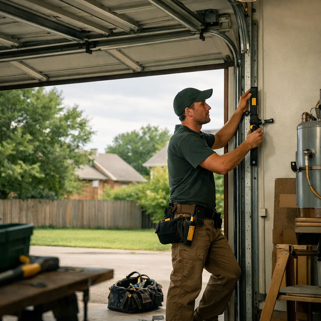 Wide view of a technician in plain workwear straightening a vertical steel garage door track beside a residential garage door, tools in hand