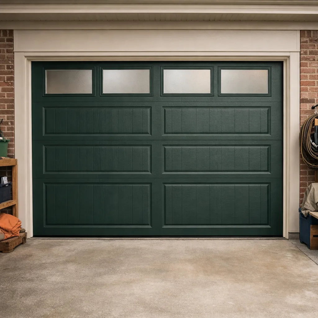 Finished residential garage door closed and square in its opening, both sides even, in a tidy garage
