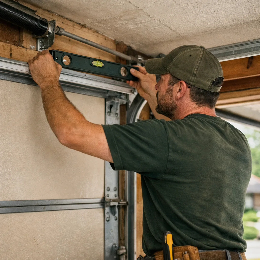 Technician in plain workwear checking the horizontal track alignment near the ceiling with a level