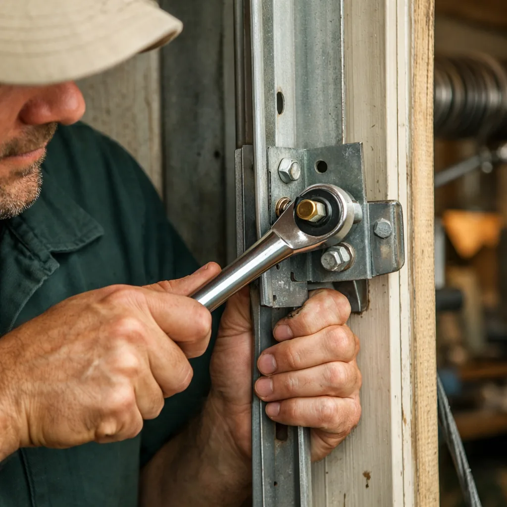 Technician in plain workwear tightening a track bracket bolt on a vertical garage door track with a ratchet, close view of hands and hardware