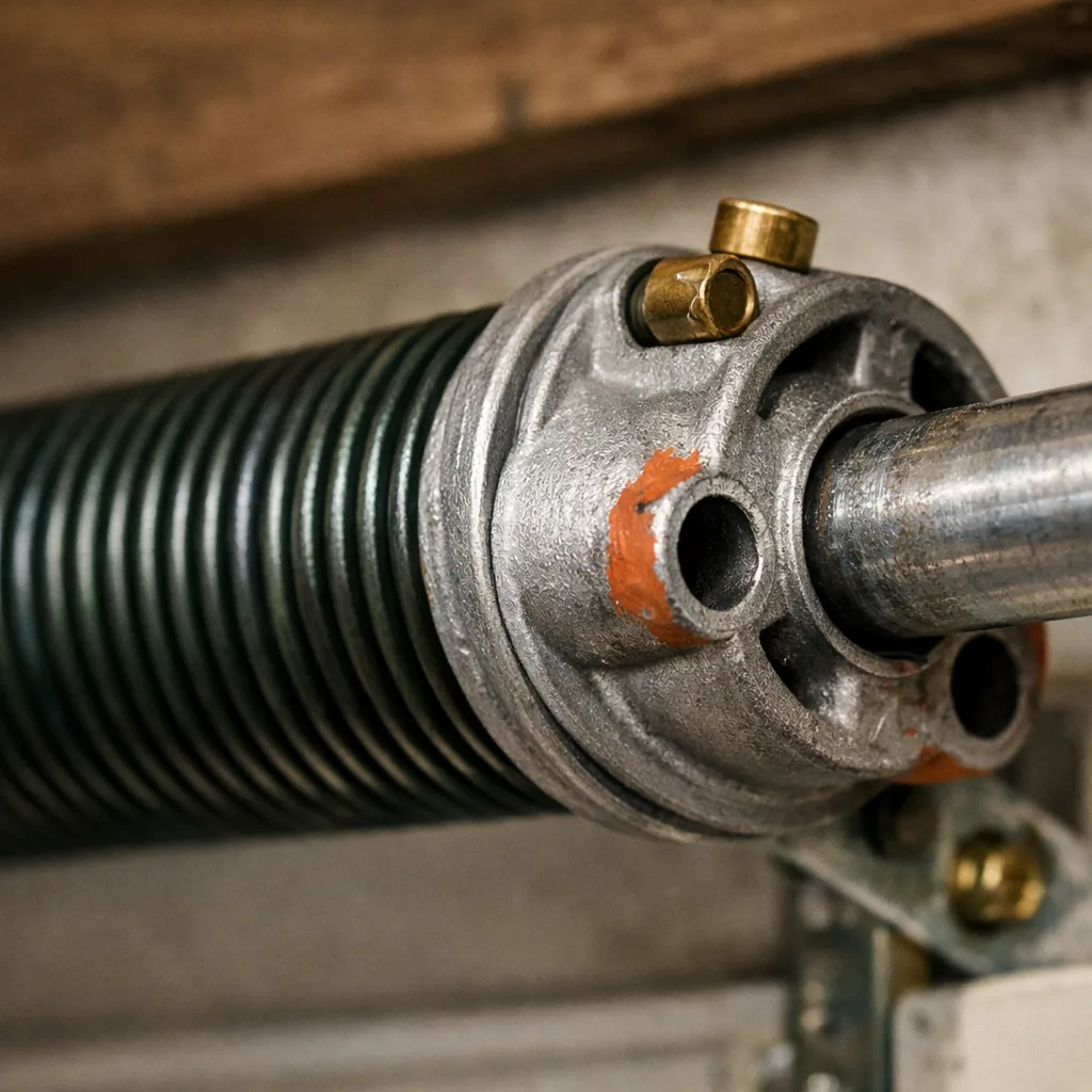 Close-up of a new torsion spring and winding cone mounted on the shaft over a garage door