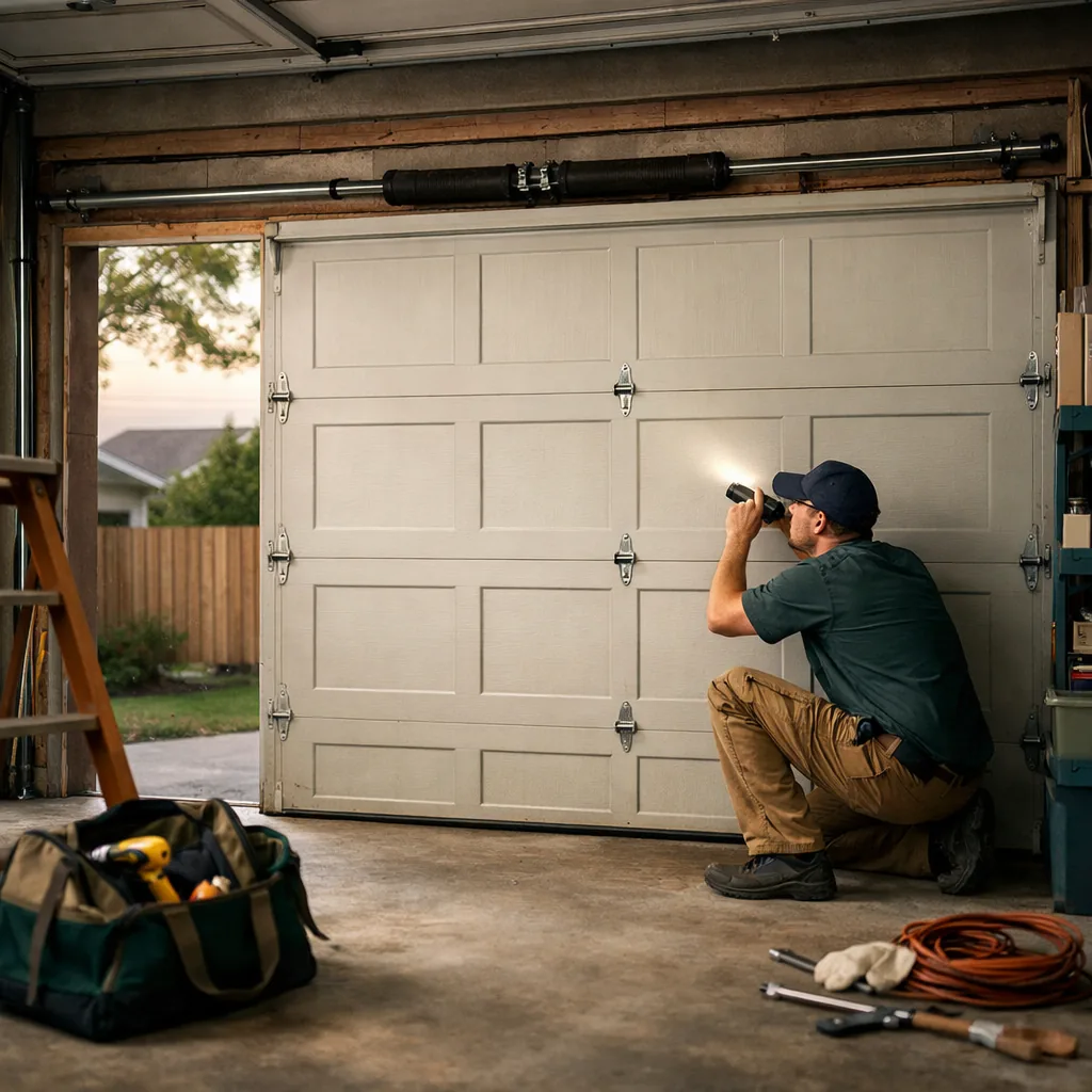 Technician in plain workwear crouched at a closed two-car garage door, checking the spring over the door with a flashlight
