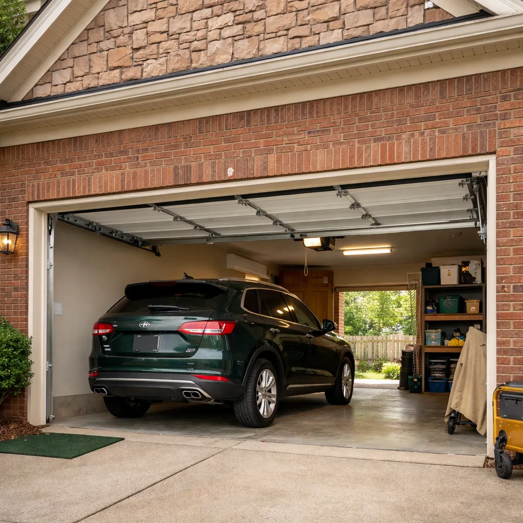 Two-car garage door fully raised on a Nashville home with a car parked inside and clean, straight tracks and hardware