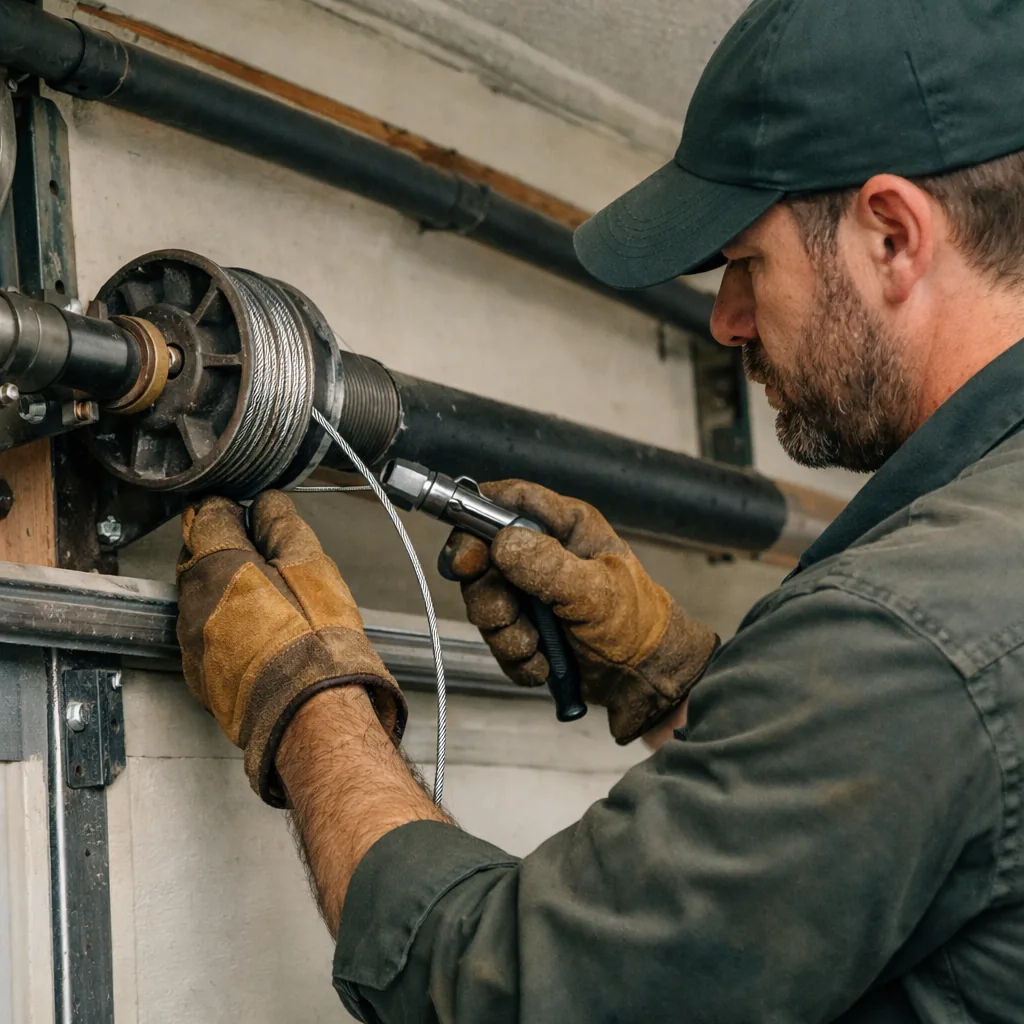 Technician in plain workwear feeding a new lift cable onto a drum at the side of a garage door