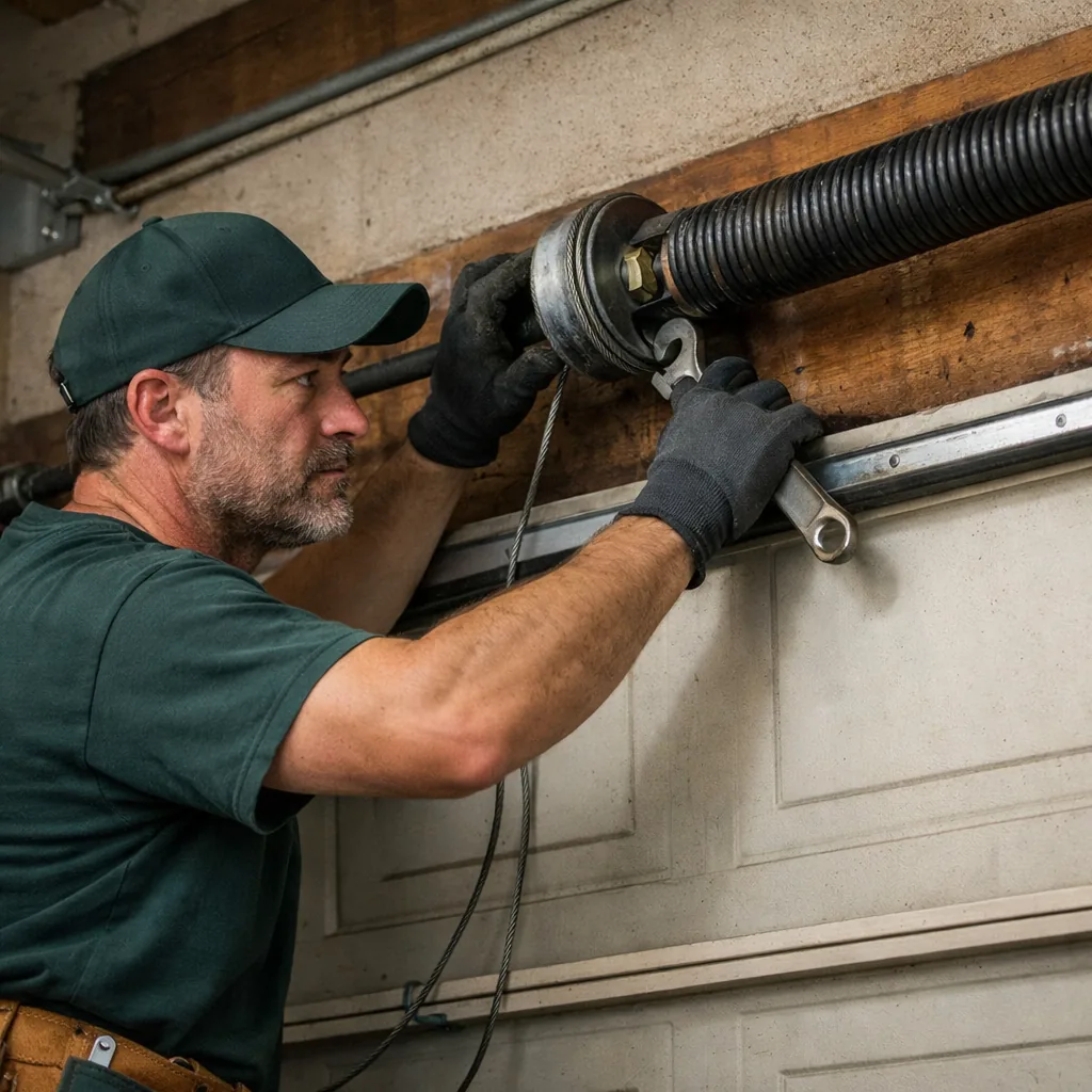 Technician in plain workwear examining a torsion spring and cable drum over a closed garage door
